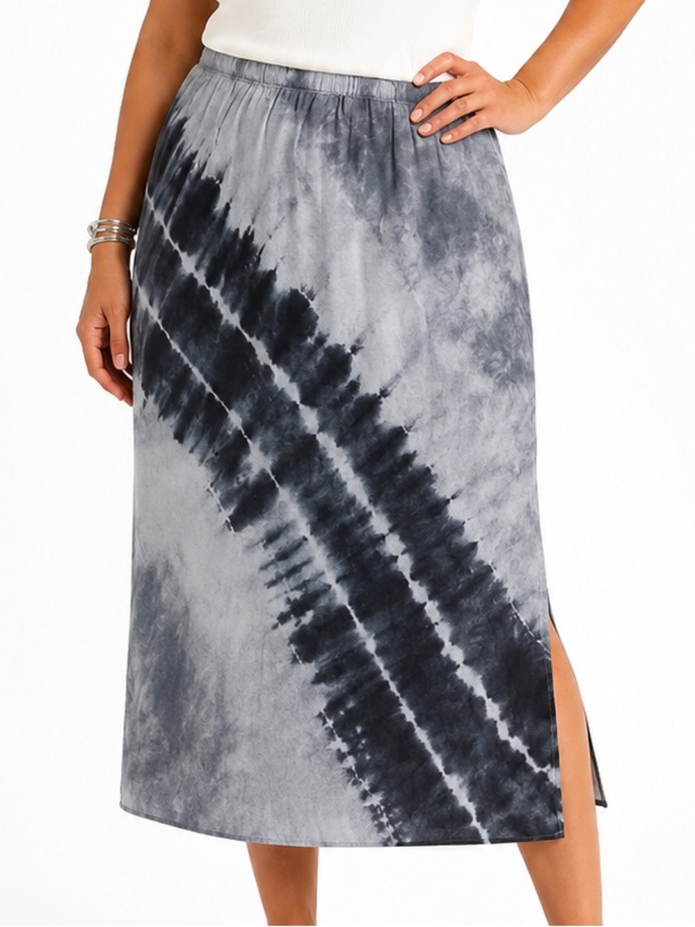 NWT Pure Jill J. Jill Silk Cotton Gray/Black Tie Dye Boho Midi Skirt Size 2X